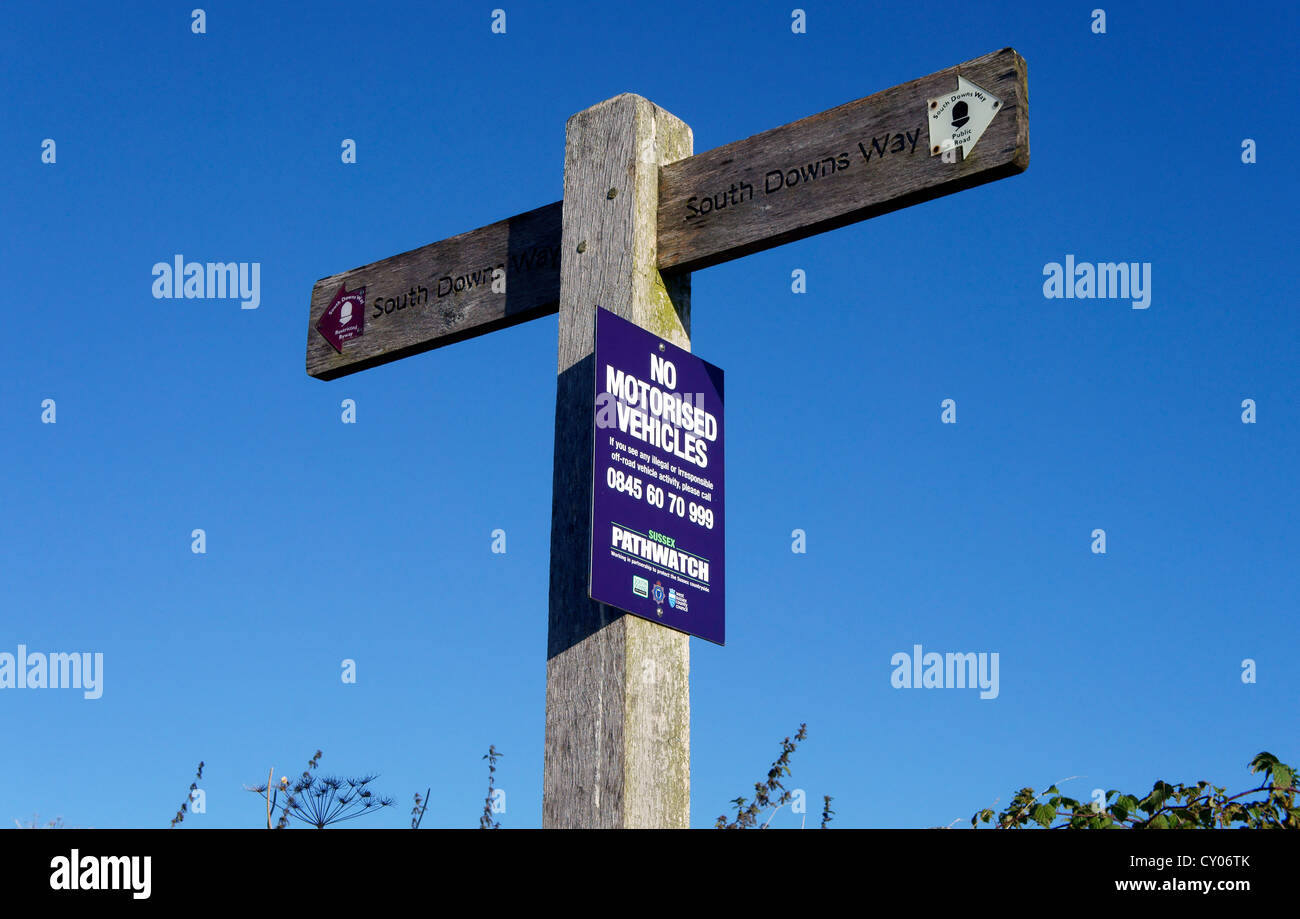 No motorised vehicles sign on sign post on the South Downs Way near Cocking, West Sussex, UK Stock Photo