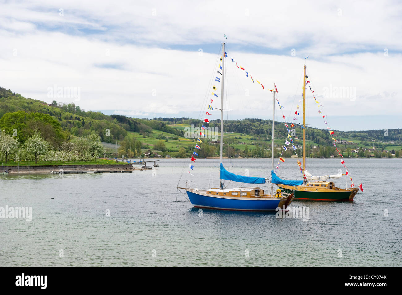 Sailboats at Untersee Lake near Steckborn, Canton Thurgau, Lake Constance, Switzerland, Europe Stock Photo