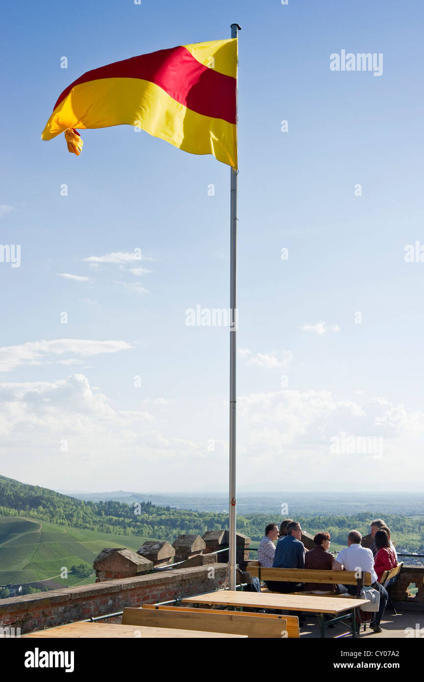 Terrace of Schloss Staufenberg Castle with the flag of Baden, Durbach, Black Forest, Baden-Wuerttemberg Stock Photo