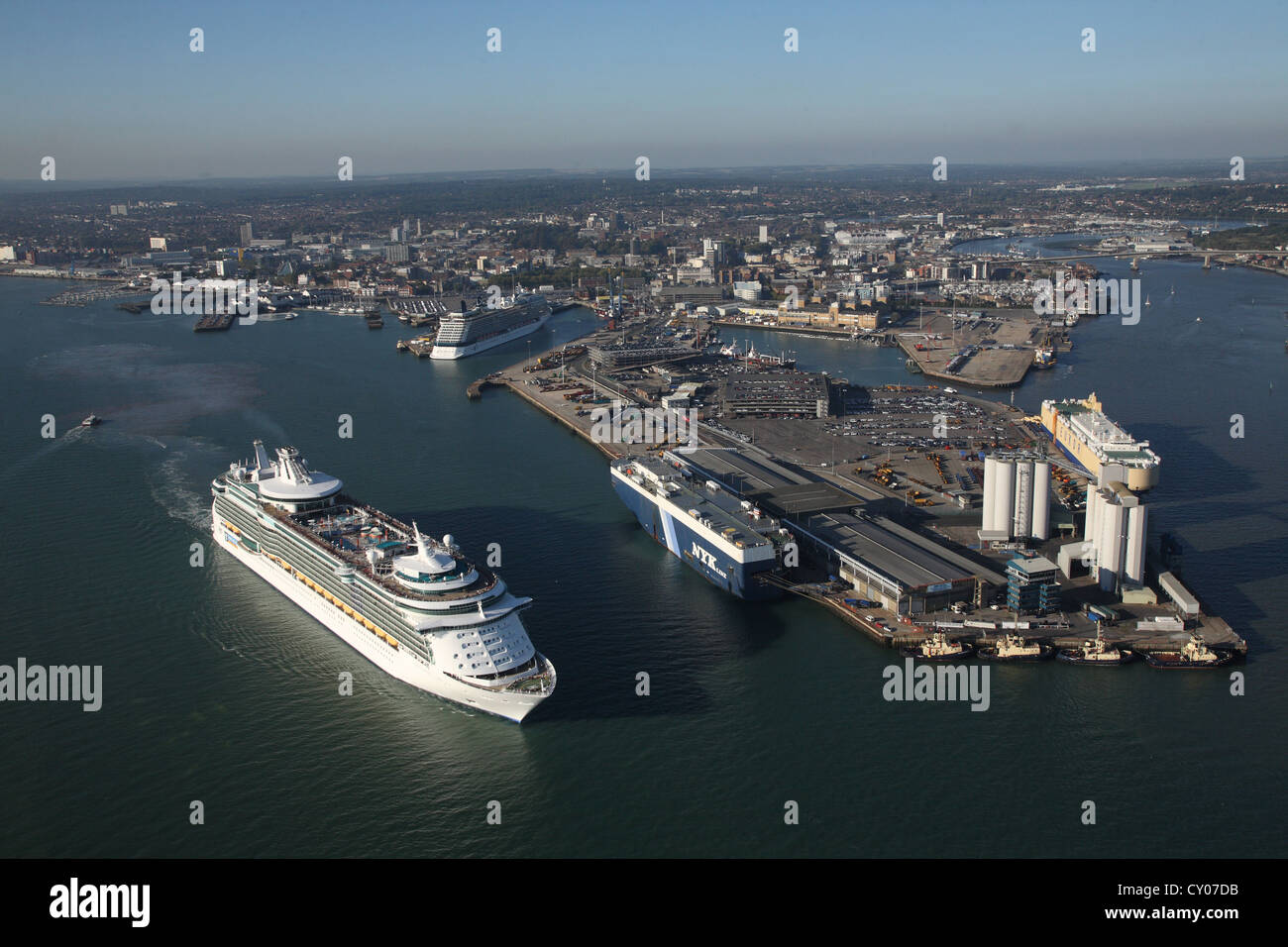 Independence Of The Seas passes Celebrity Eclipse in the port of Southampton. Aerial photos. Stock Photo