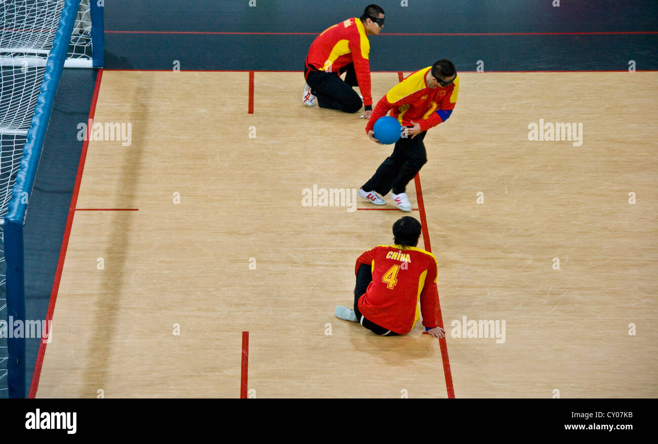 Chinese mens goal ball team in action against Canada at the Copper Box during the London 2012 Paralympic Games Stratford England Stock Photo