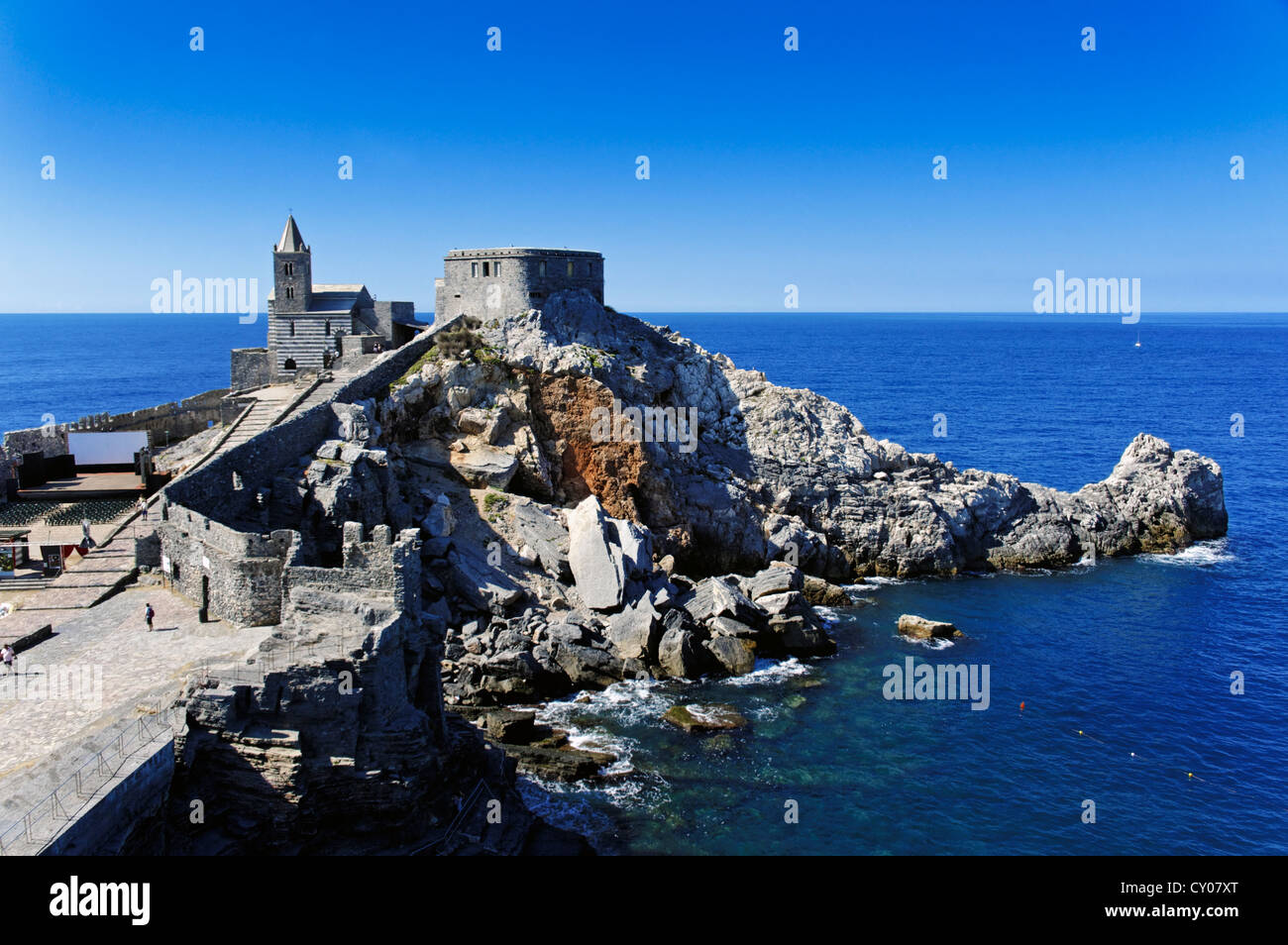 Spectacular view of St Peters church and stronghold in the Italian coastal town of Porto Venere Stock Photo