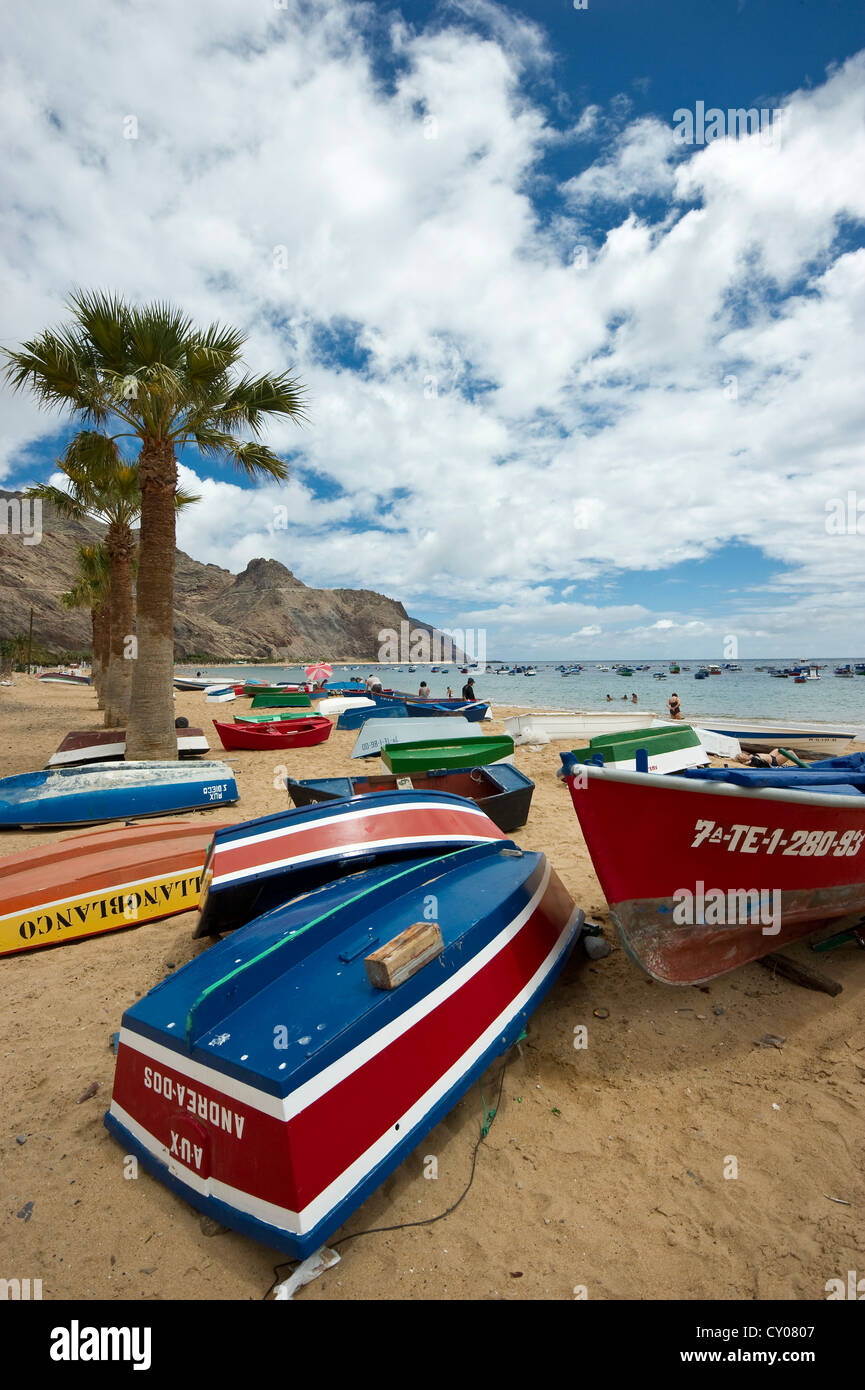 Colourful fishing boats and the Anaga Mountains, Playa de las Teresitas, San Andrés, Tenerife, Canary Islands, Spain, Europe Stock Photo