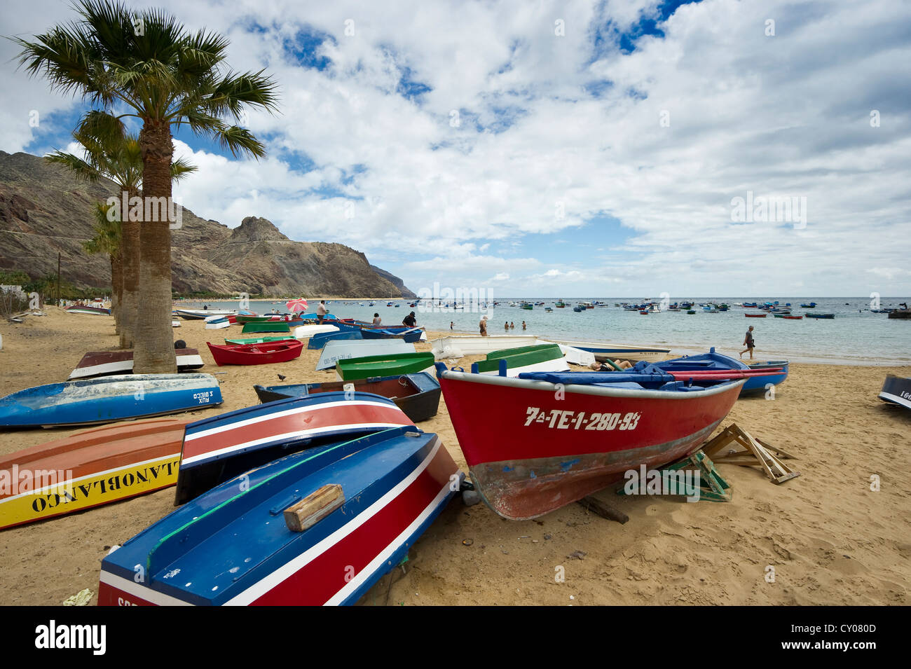 Colourful fishing boats and the Anaga Mountains, Playa de las Teresitas, San Andrés, Tenerife, Canary Islands, Spain, Europe Stock Photo