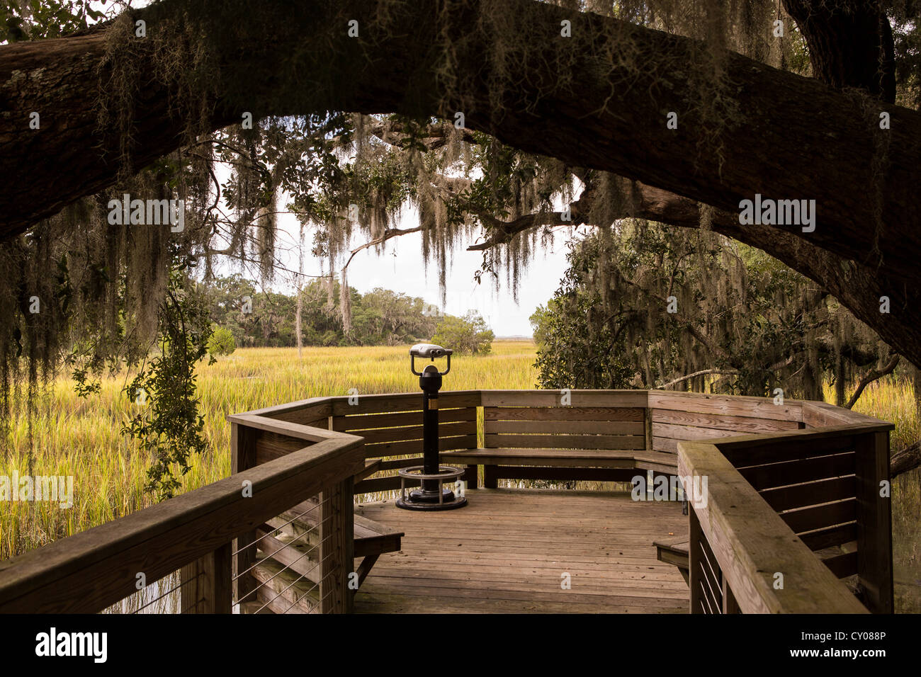 Binocular viewer on salt marsh boardwalk at Honey Horn Plantation on