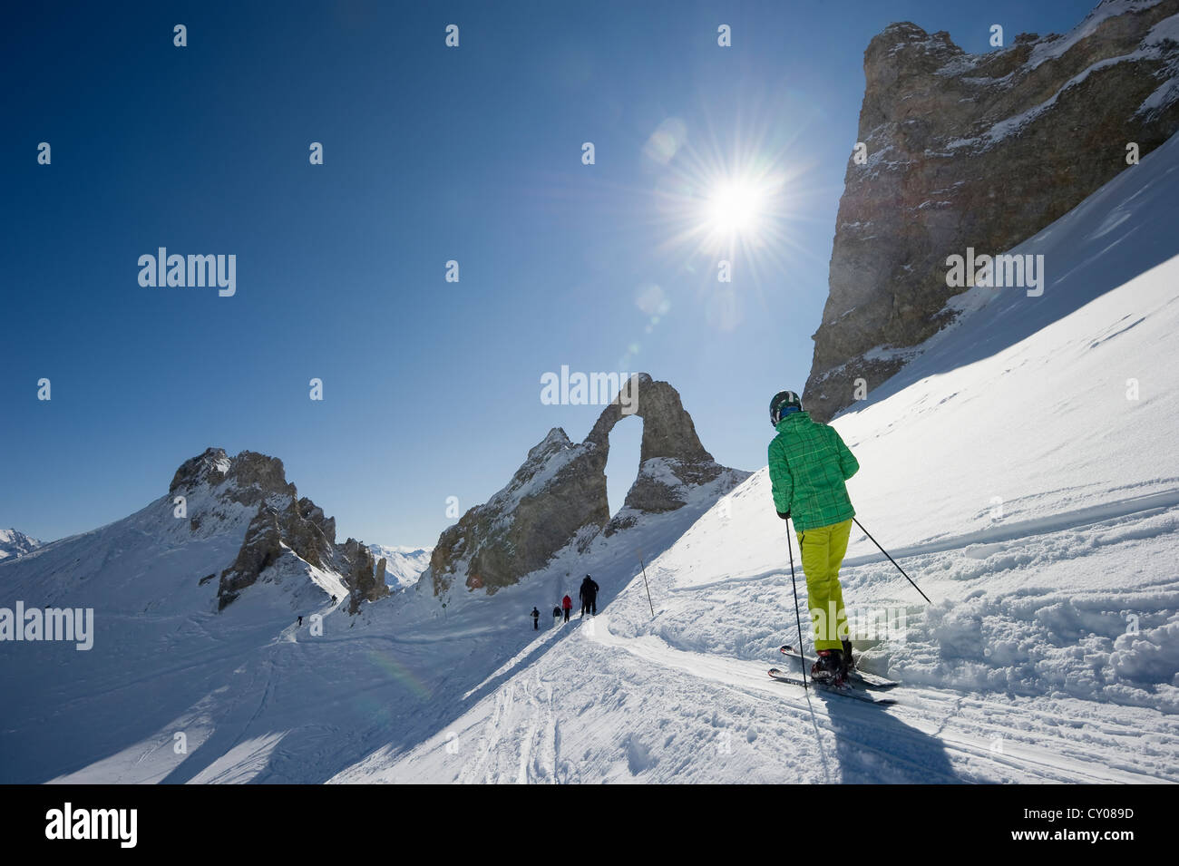 Cross-country skiers in the snow-covered mountain landscape, Aiguille Percee, Tignes, Val d'Isere, Savoie, Alps, France, Europe Stock Photo