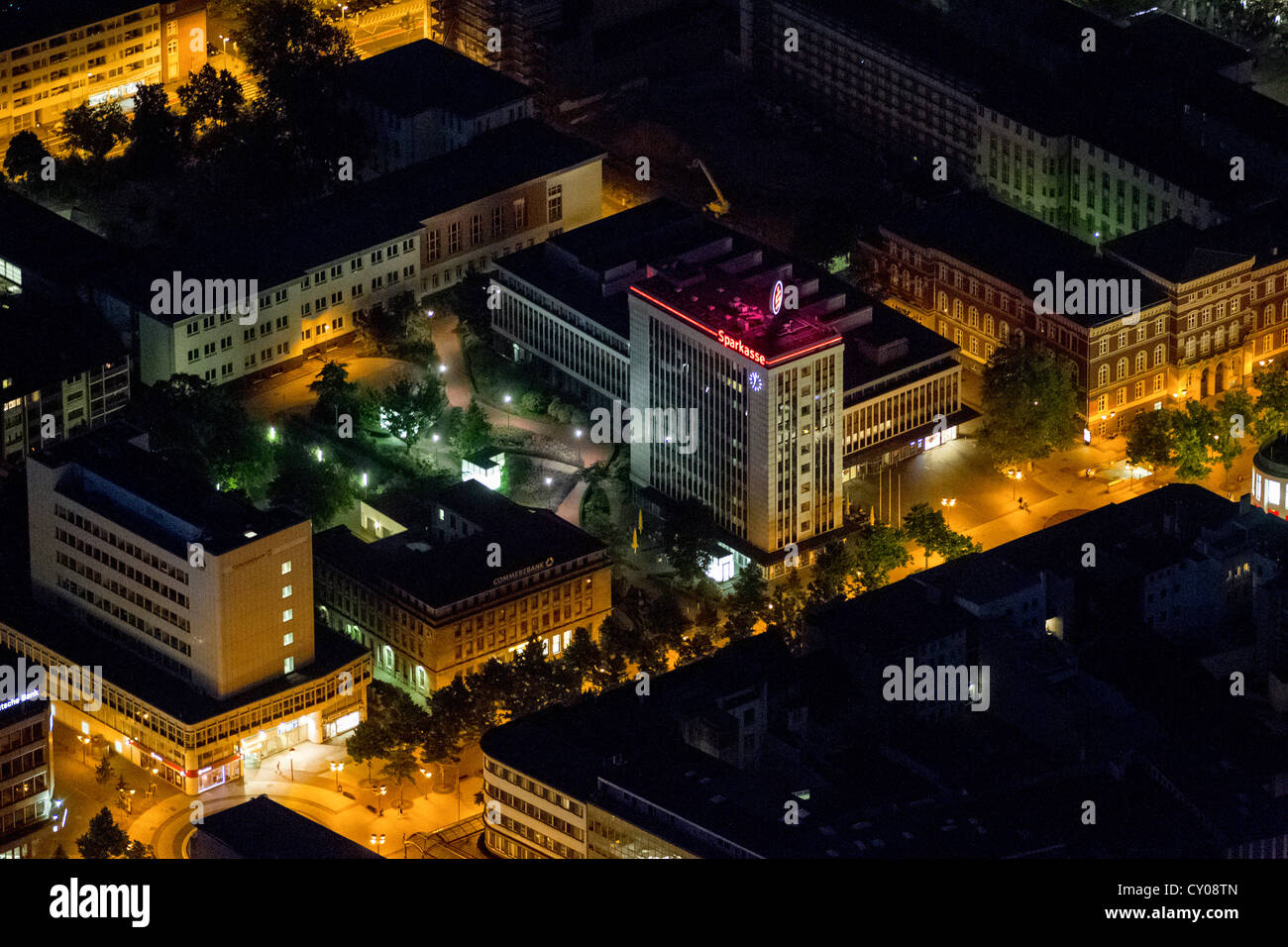 Aerial view, Koenigsallee street, town centre, branch of Sparkasse, savings bank, Duisburg, Extraschicht 2012 Stock Photo