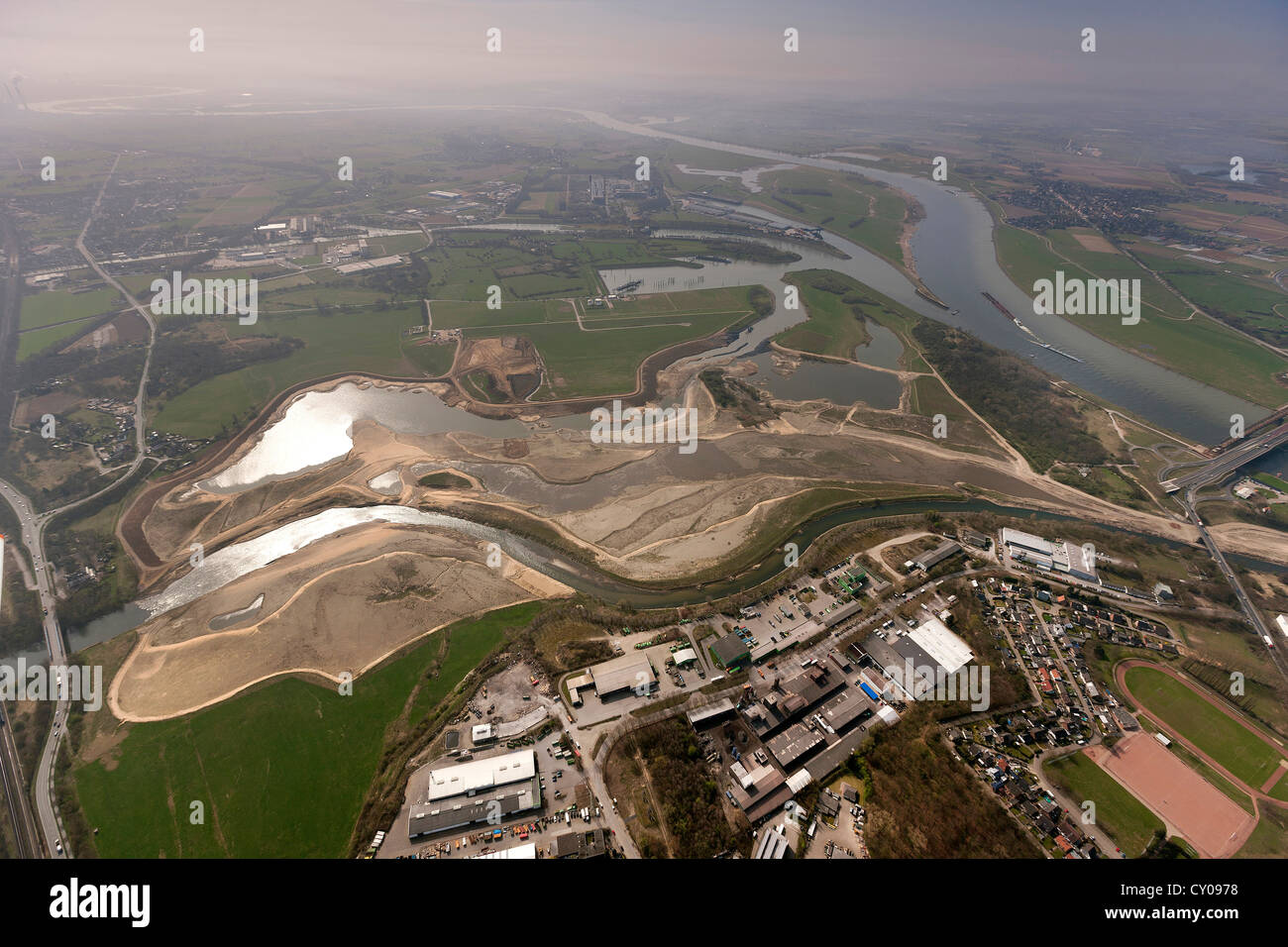 Aerial view, Wesel, Lower Rhine region, mouth of the Lippe river, Rhine river, Lippe river, North Rhine-Westphalia Stock Photo