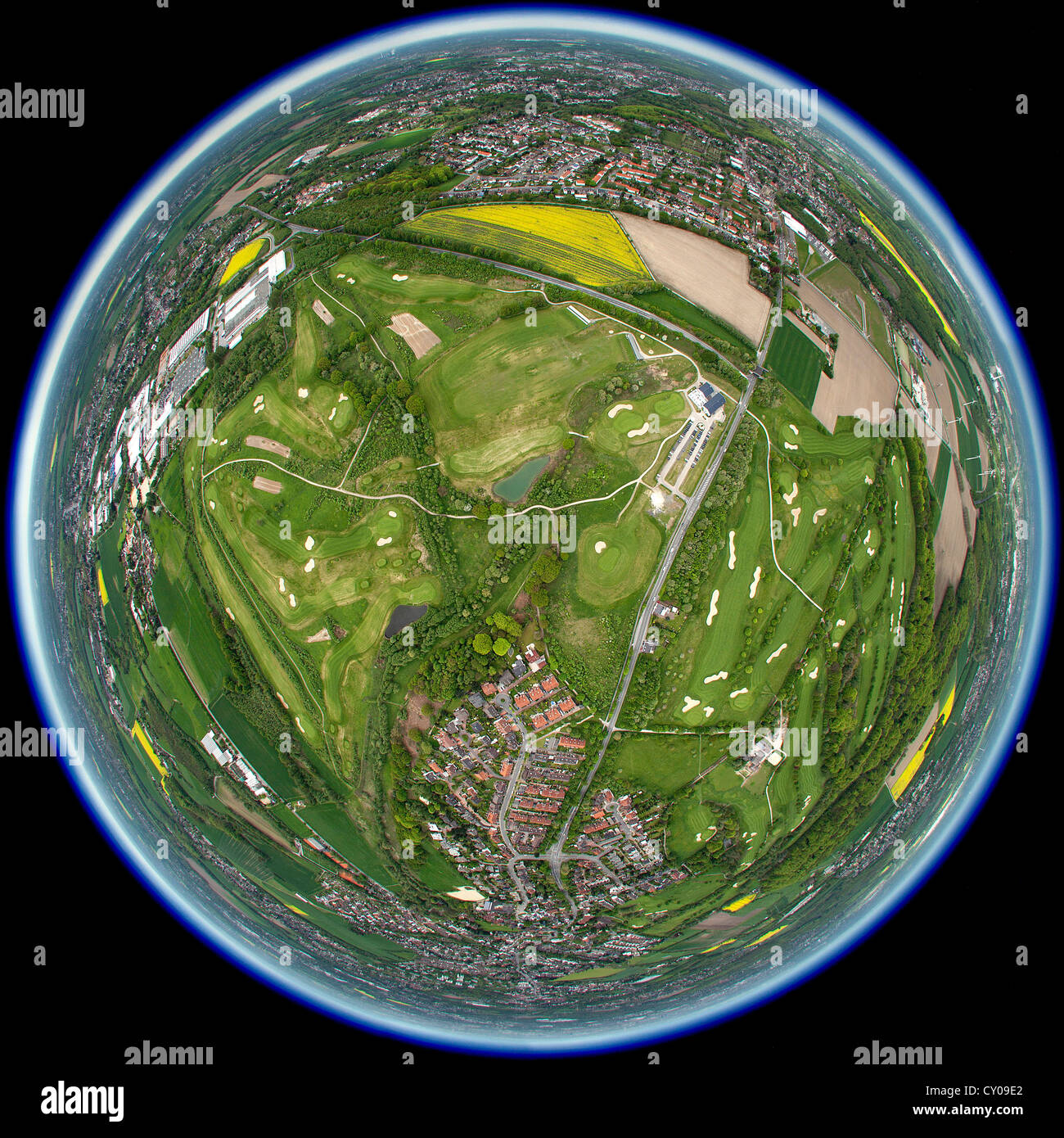 Aerial view, shot with a fisheye lens, Castrop-Rauxel golf club in  Frohlinde, Castrop-Rauxel, Ruhr area, North Rhine-Westphalia Stock Photo -  Alamy