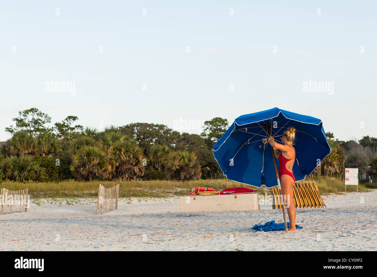 Chairs and umbrellas at the beach on Hilton Head Island, SC Stock Photo