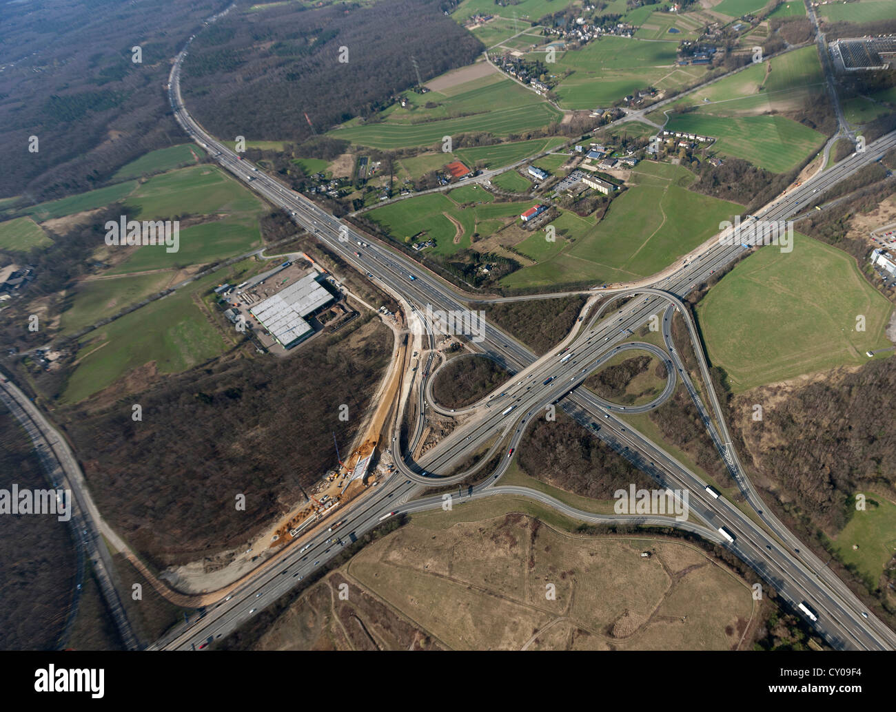 Aerial view, Breitscheider Kreuz interchange during reconstruction, A3 and A52 motorways, Ratingen, Rheinland Stock Photo