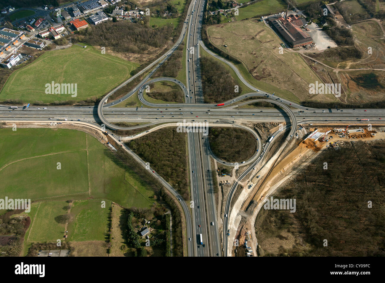 Aerial view, Breitscheider Kreuz interchange during reconstruction, A3 and A52 motorways, Ratingen, Rheinland Stock Photo