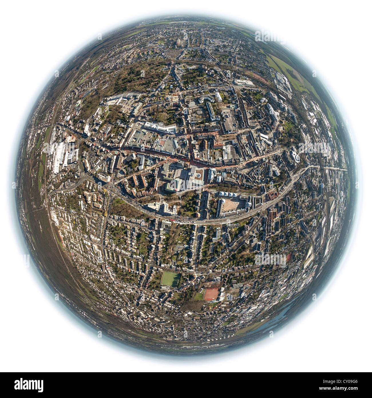 Aerial view, fisheye shot, inner city of Hilden, Rhineland, North Rhine-Westphalia Stock Photo
