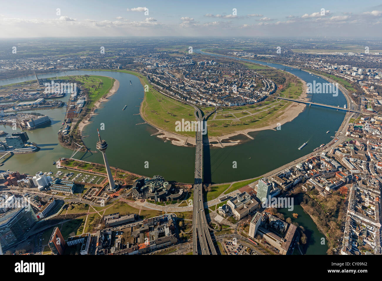 Aerial view, loop of the Rhine River, Oberkassel, Duesseldorf, Rhineland region, North Rhine-Westphalia Stock Photo