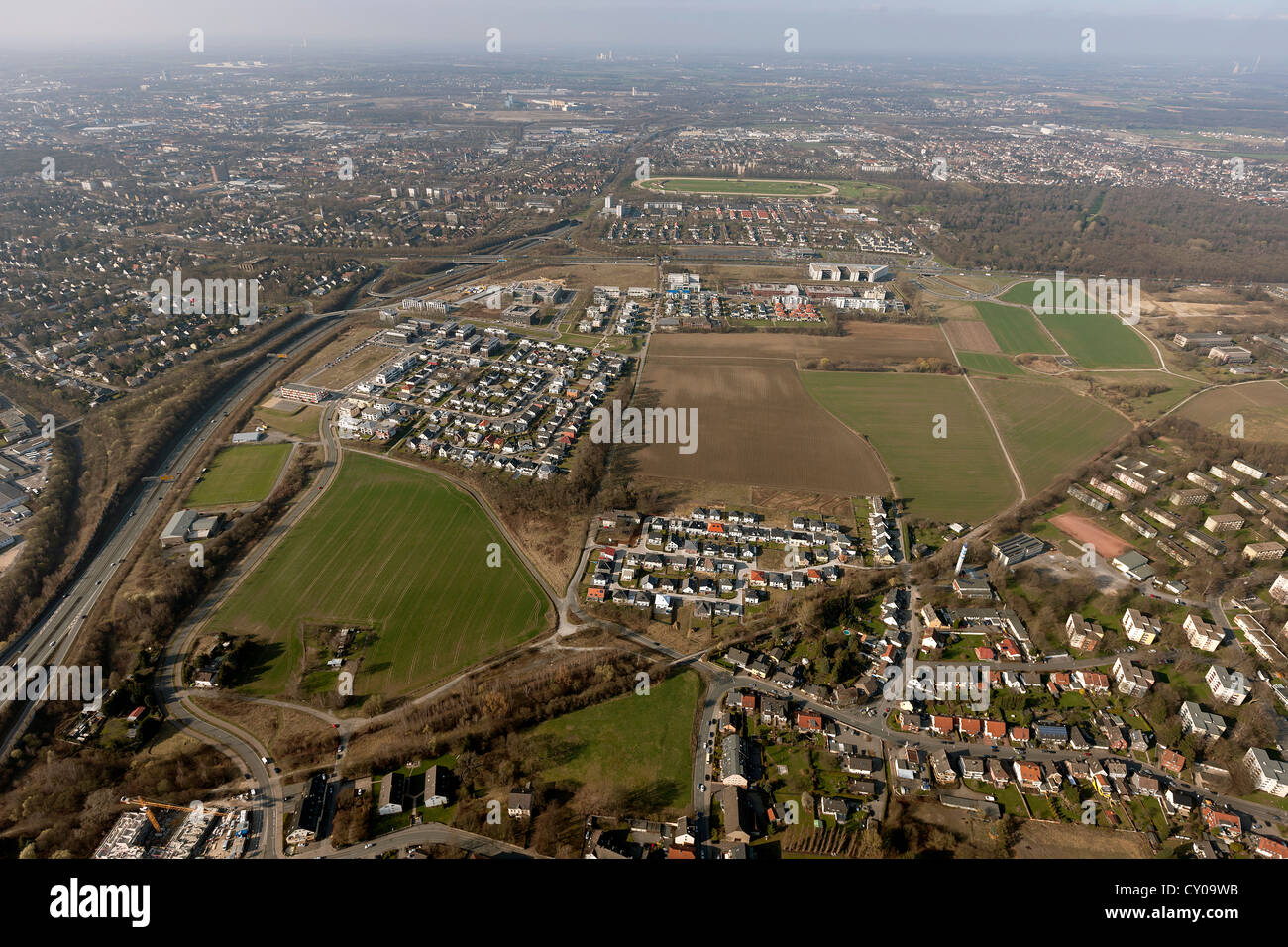 Aerial view, Stadtkrone Ost, B1, commercial area, residential area, development company, Dortmund, Ruhr area Stock Photo