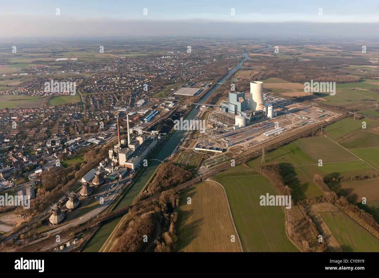 Aerial view, EON Datteln 4, newly constructed and older coal-fired power plants, Datteln, Ruhr area, North Rhine-Westphalia Stock Photo