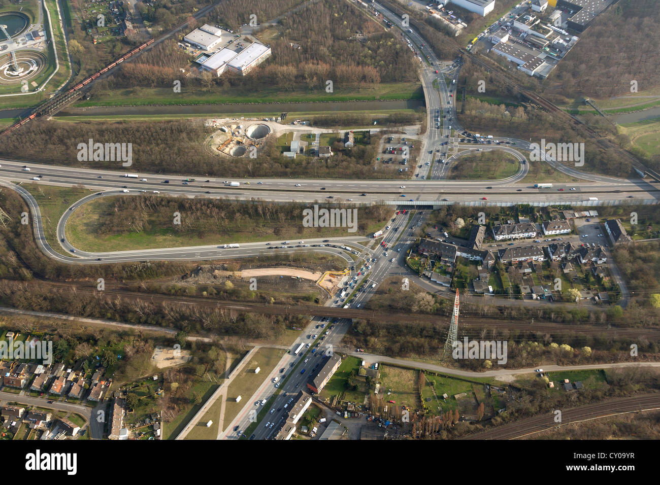 Aerial view, entrance and exit roads of the intersection of A42 Bottrop-Sued and Essener Strasse, Bottrop, Ruhr area Stock Photo