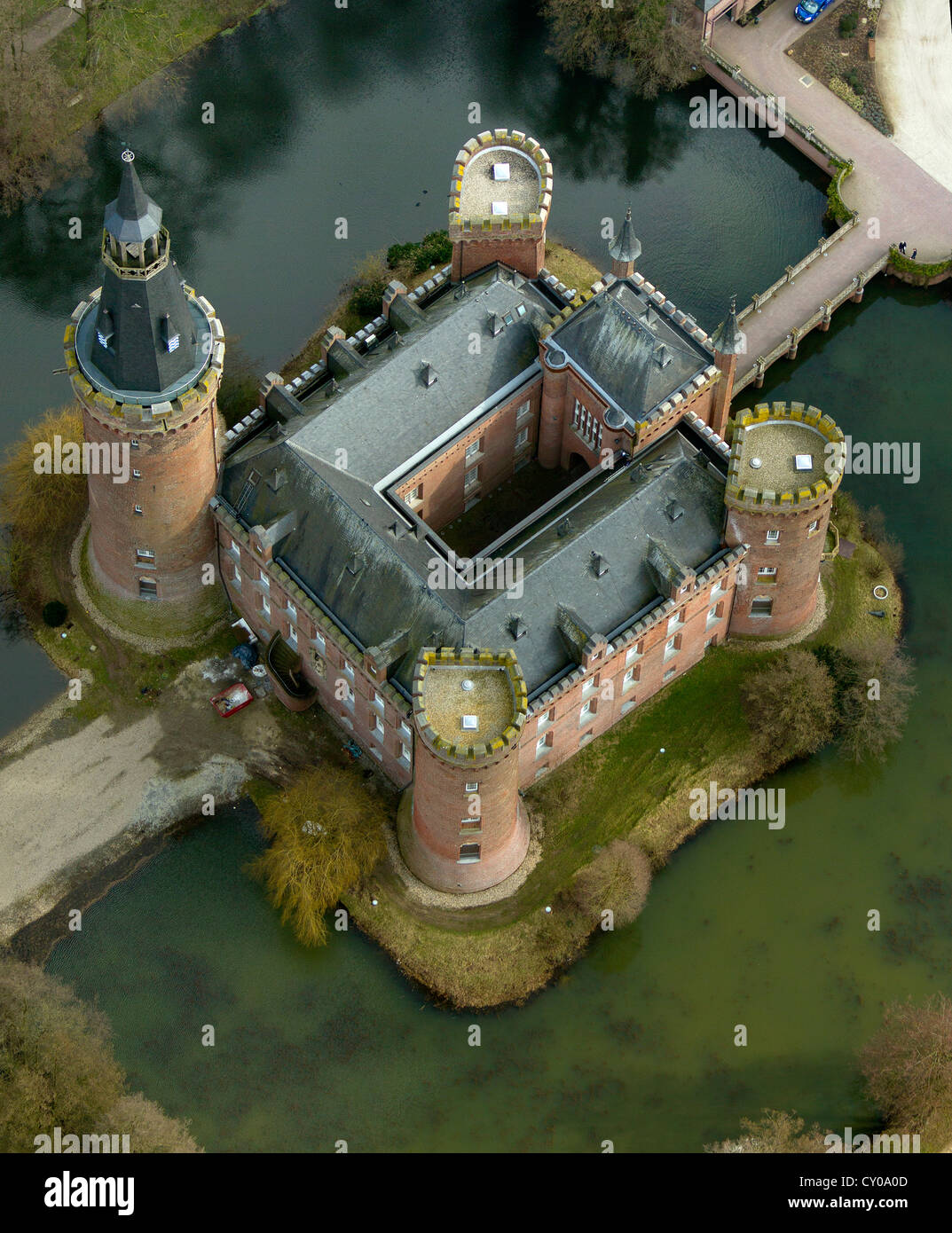 Aerial view, Wasserschloss Moyland, a moated castle, Museum Moyland, Bedburg-Hau, Lower Rhine, North Rhine-Westphalia Stock Photo