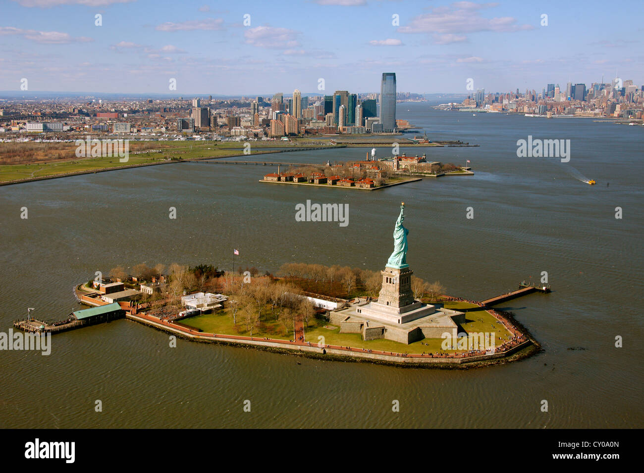 Aerial view, sightseeing flight, Statue of Liberty, Liberty Island and Ellis Island, New York City, New York, United States Stock Photo