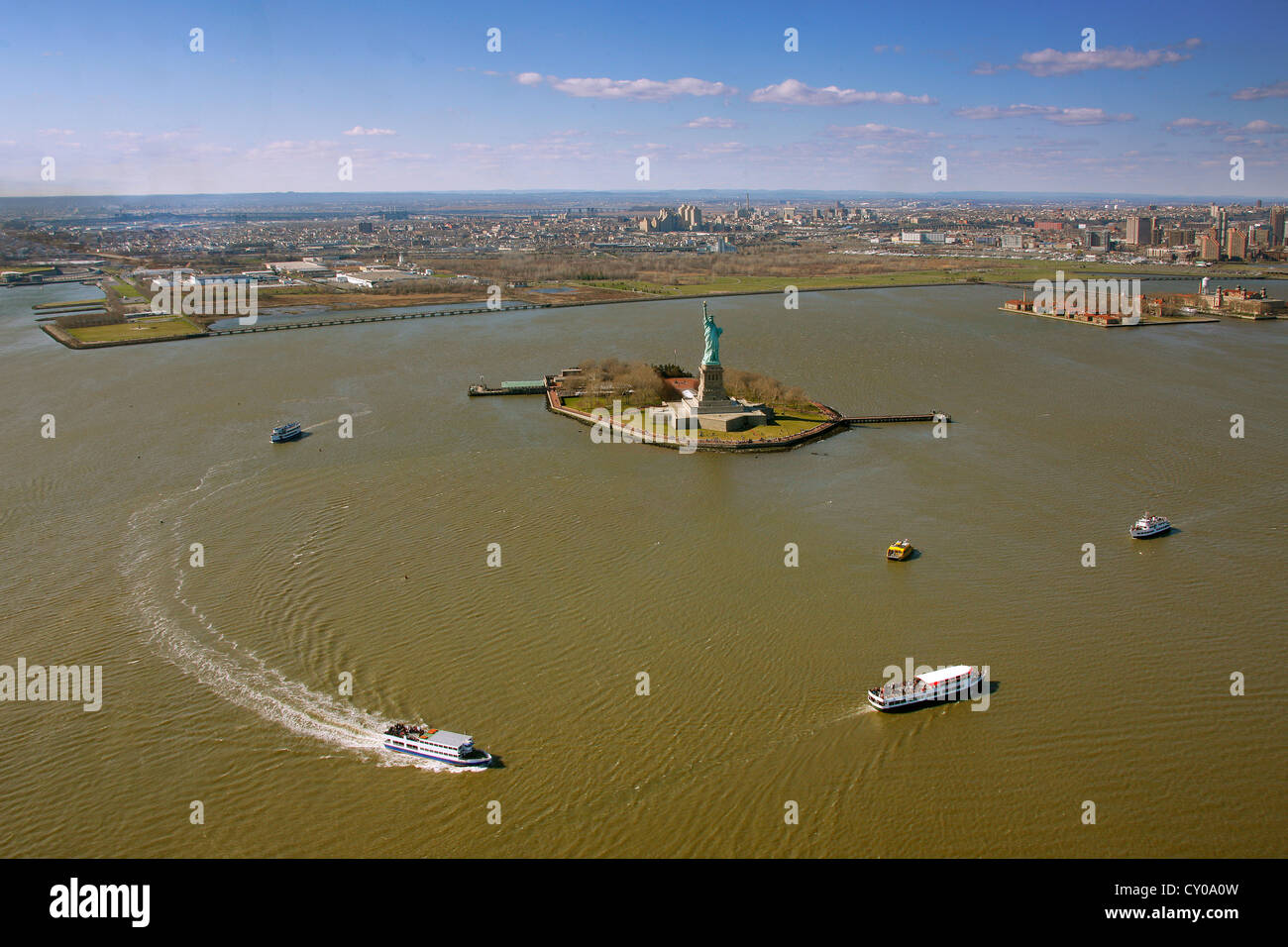 Aerial view, sightseeing flight, Statue of Liberty, Liberty Island and Ellis Island, New York City, New York, United States Stock Photo