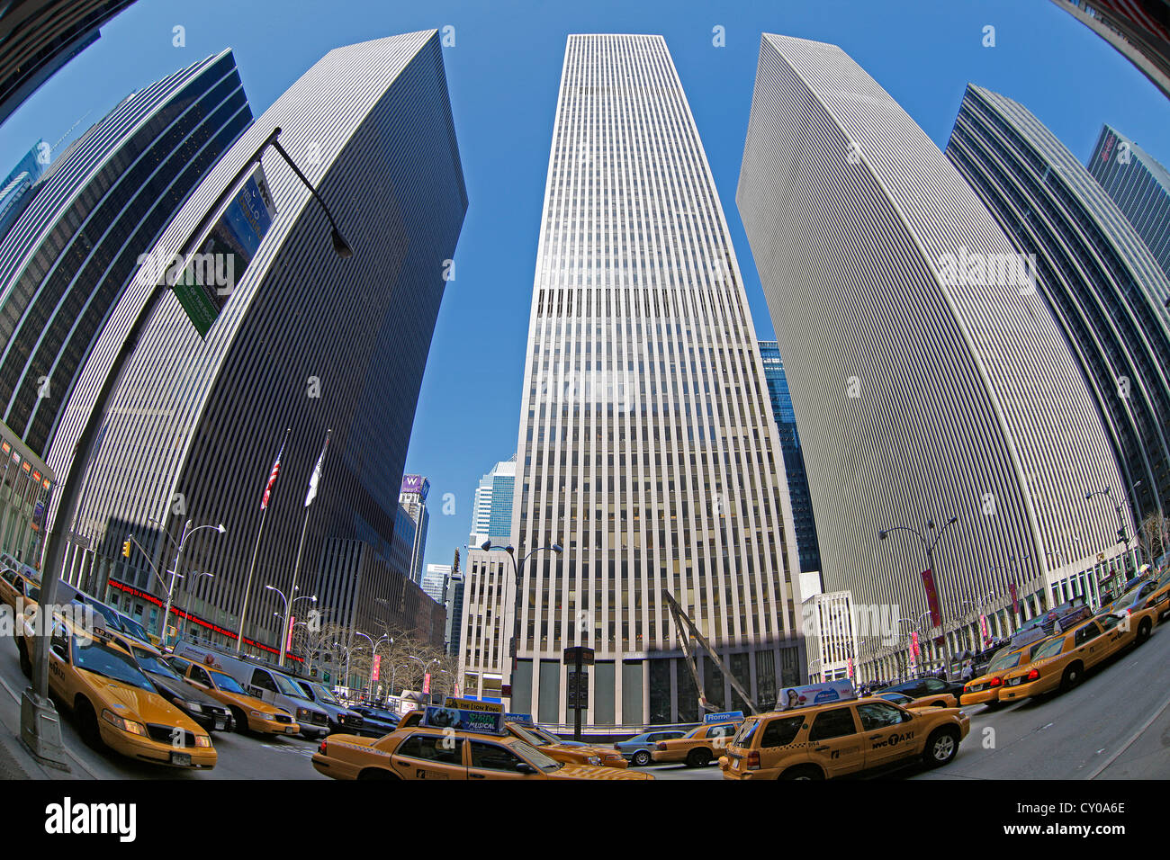 New York taxis, skyscrapers, fish eye shot, New York City, New York, United States, North America Stock Photo