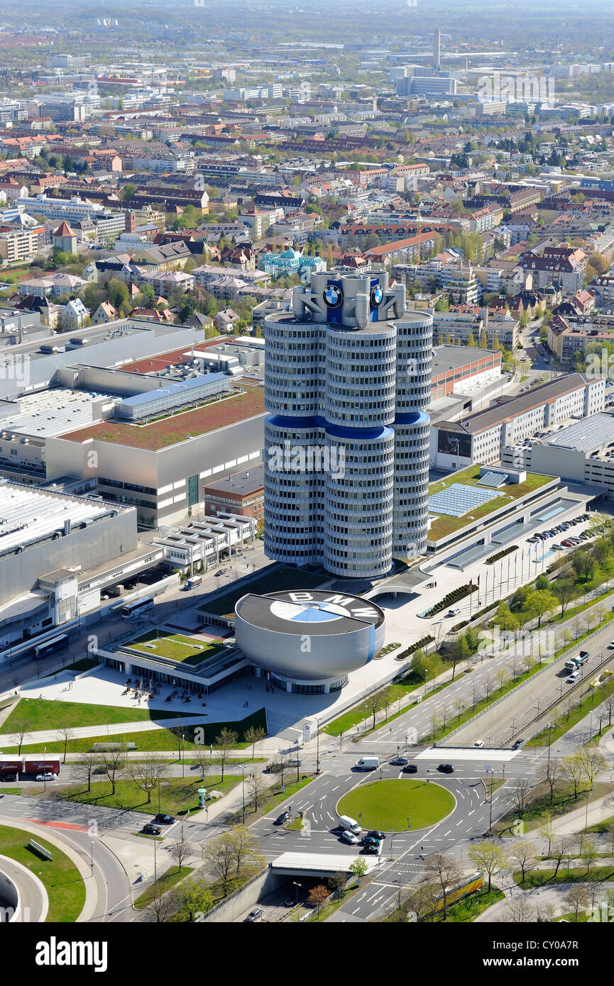View from the TV tower, Olympiaturm tower to the BMW Headquarters, 'BMW four-cylinder', Munich, Bavaria Stock Photo