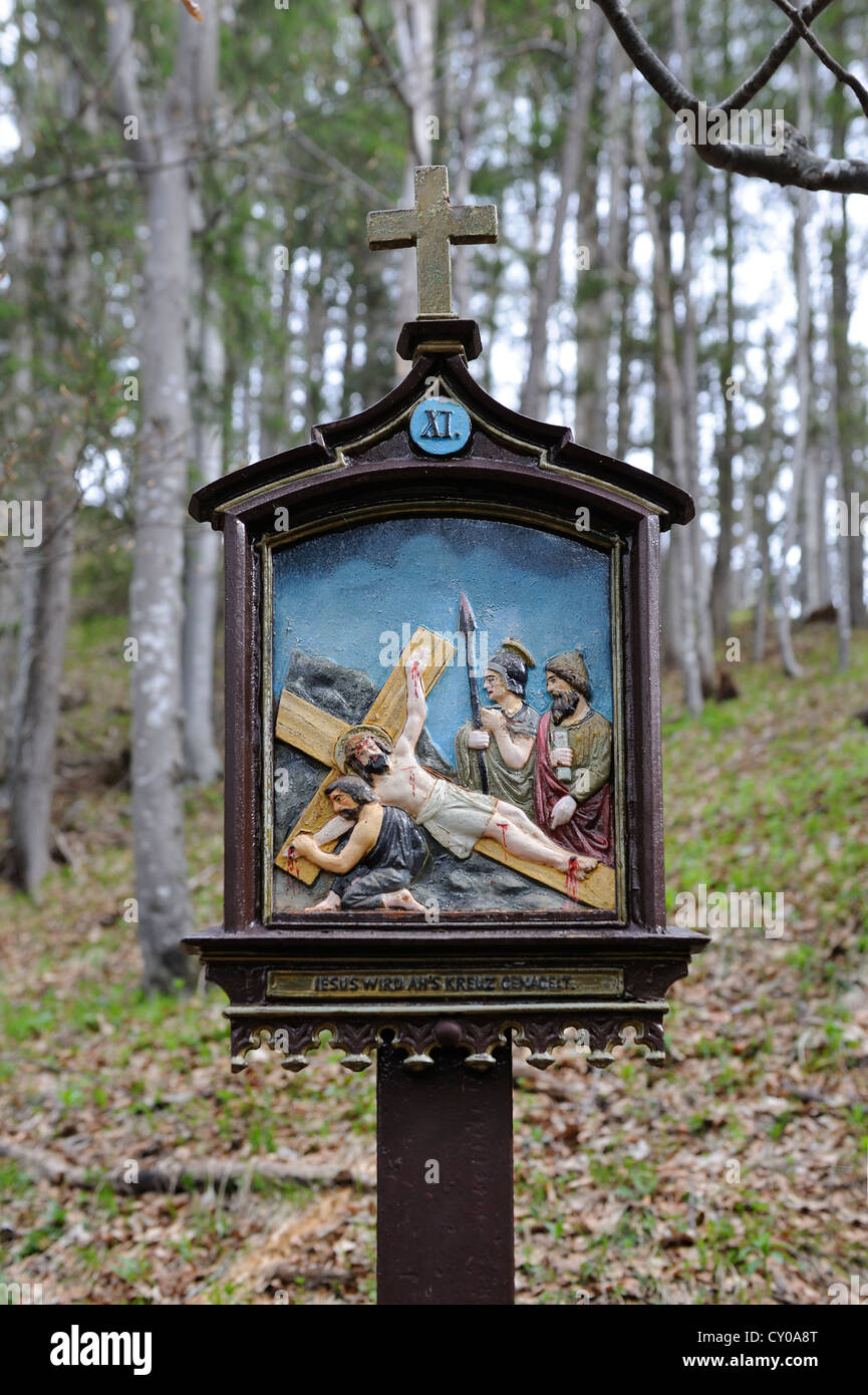 Stations of the Cross at Riederstein, Station XI, Crucifixion, Jesus is nailed to the cross, Rottach-Egern, Lake Tegernsee Stock Photo