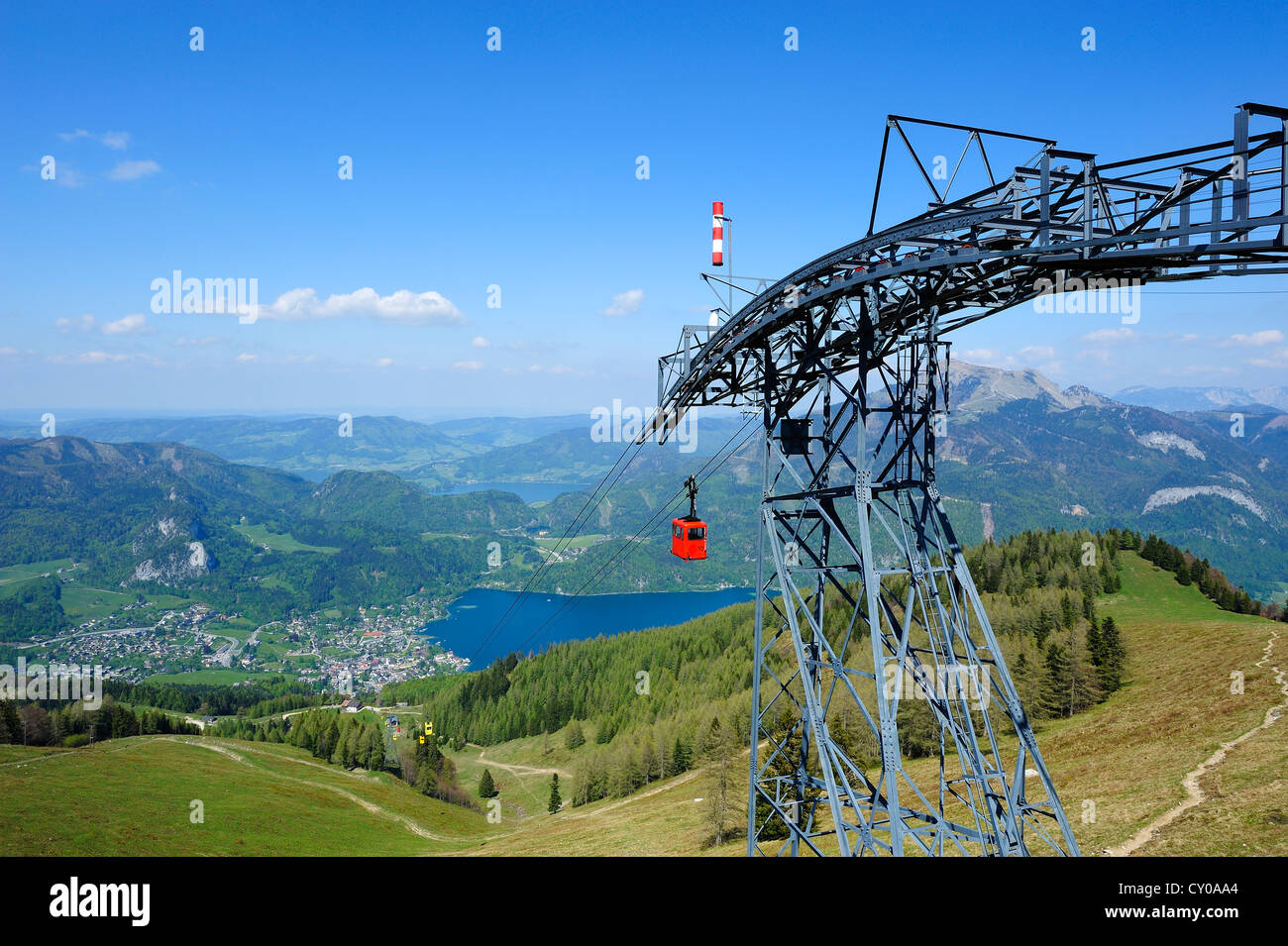 Zwoelferhorn cable car, overlooking St. Gilgen, Lake Wolfgang, Lake Atter and Lake Mond, Salzkammergut, Salzburg, Upper Austria Stock Photo