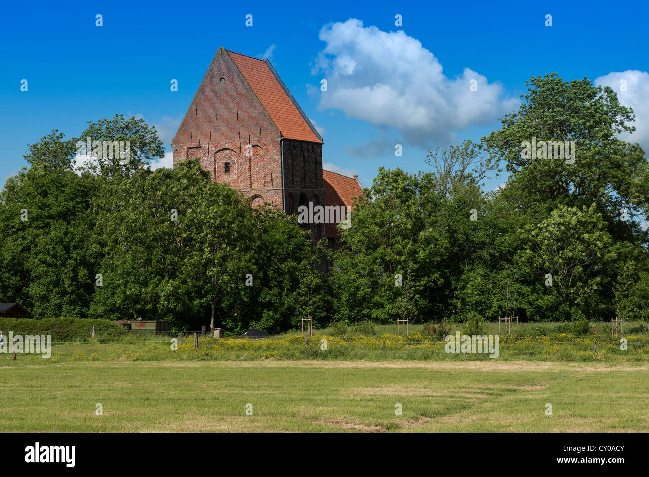 Leaning church tower of Suurhusen, entry in the Guinness Book of World Records, Hinte, East Frisia, Lower Saxony, PublicGround Stock Photo