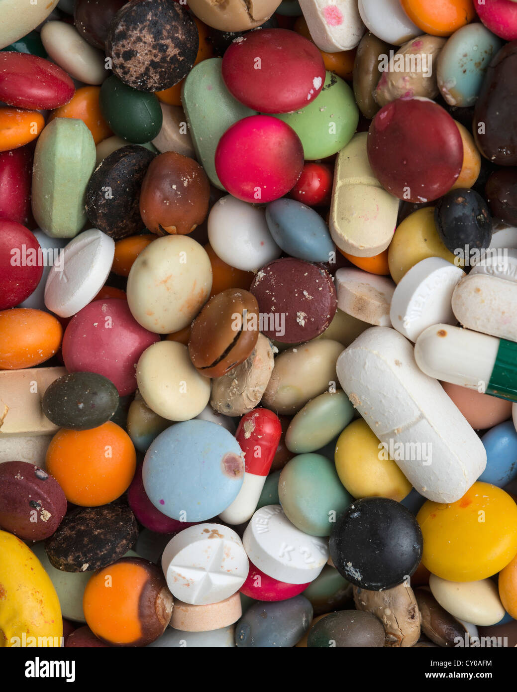 Expired medications, drugs, colourful mixture of pills, capsules and tablets, full-frame Stock Photo