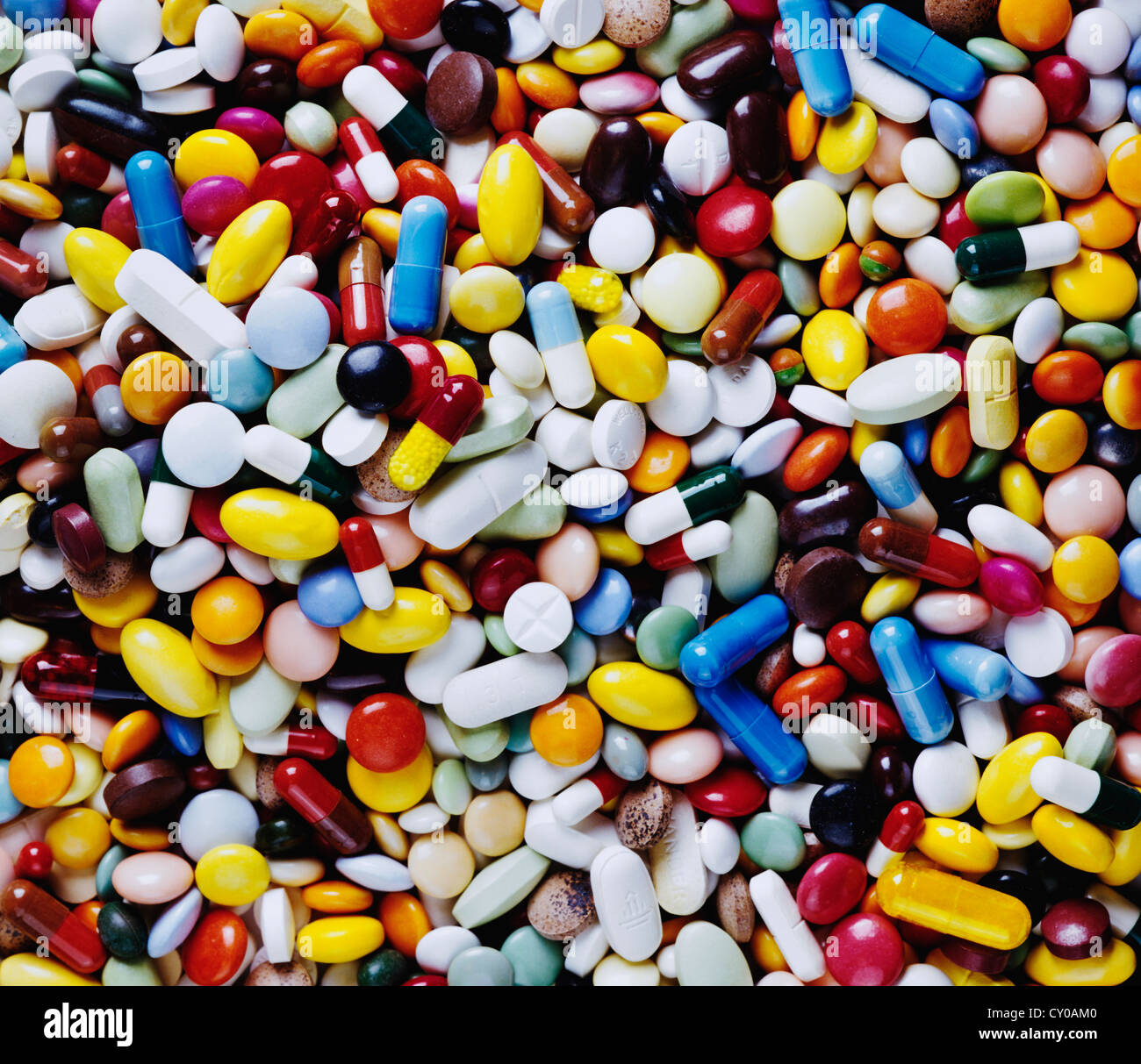Colourful pile of tablets, medicines, expired, special waste Stock Photo
