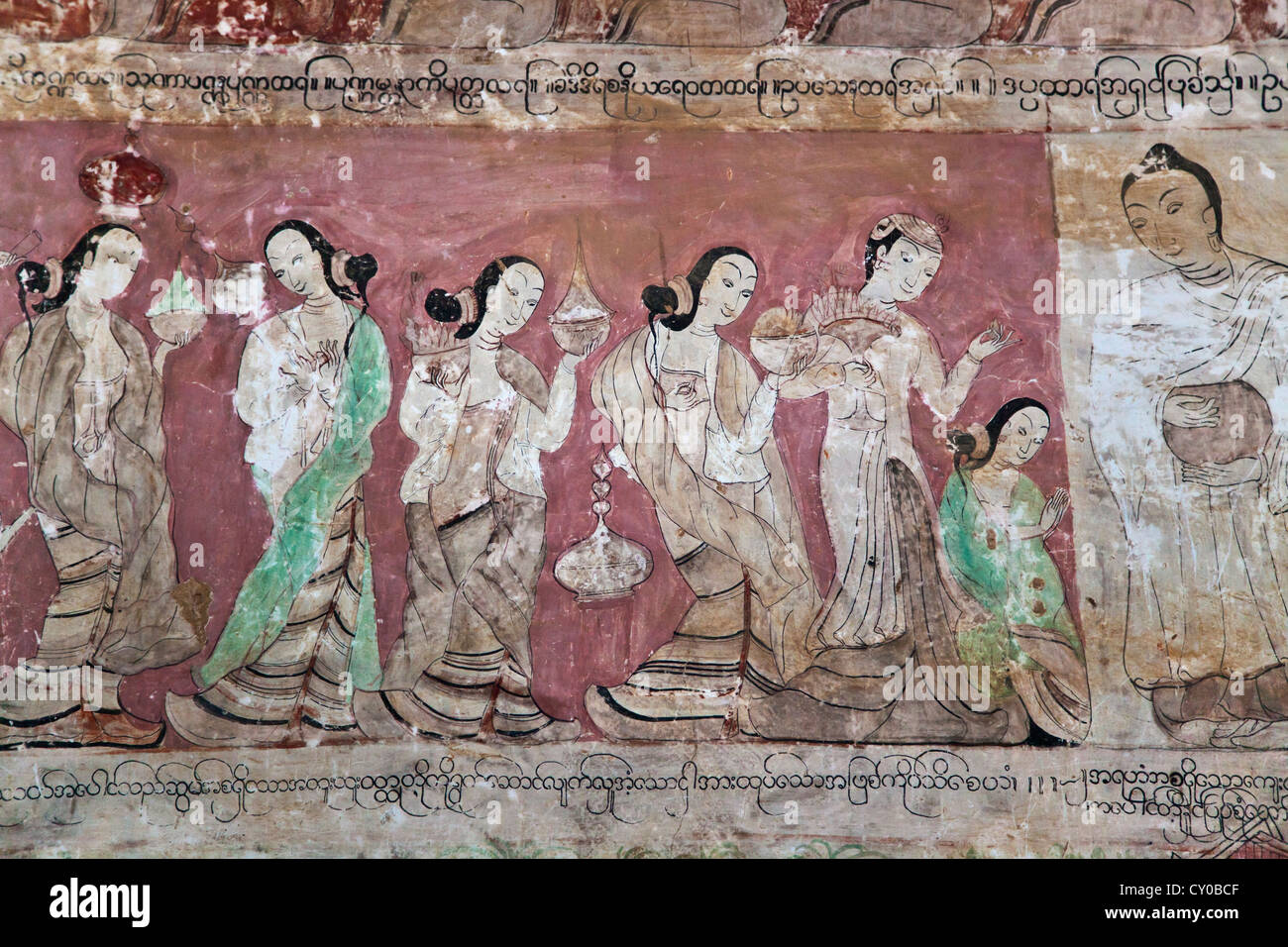 Original FRESCOS on the walls of SULAMANI PHATO which was completed by King Narapatisithu in 1211 AD - BAGAN, MYANMAR Stock Photo