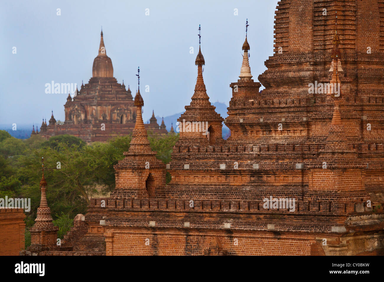 PAGODAS are typically made of brick and many have been restored at BAGAN - MYANMAR Stock Photo