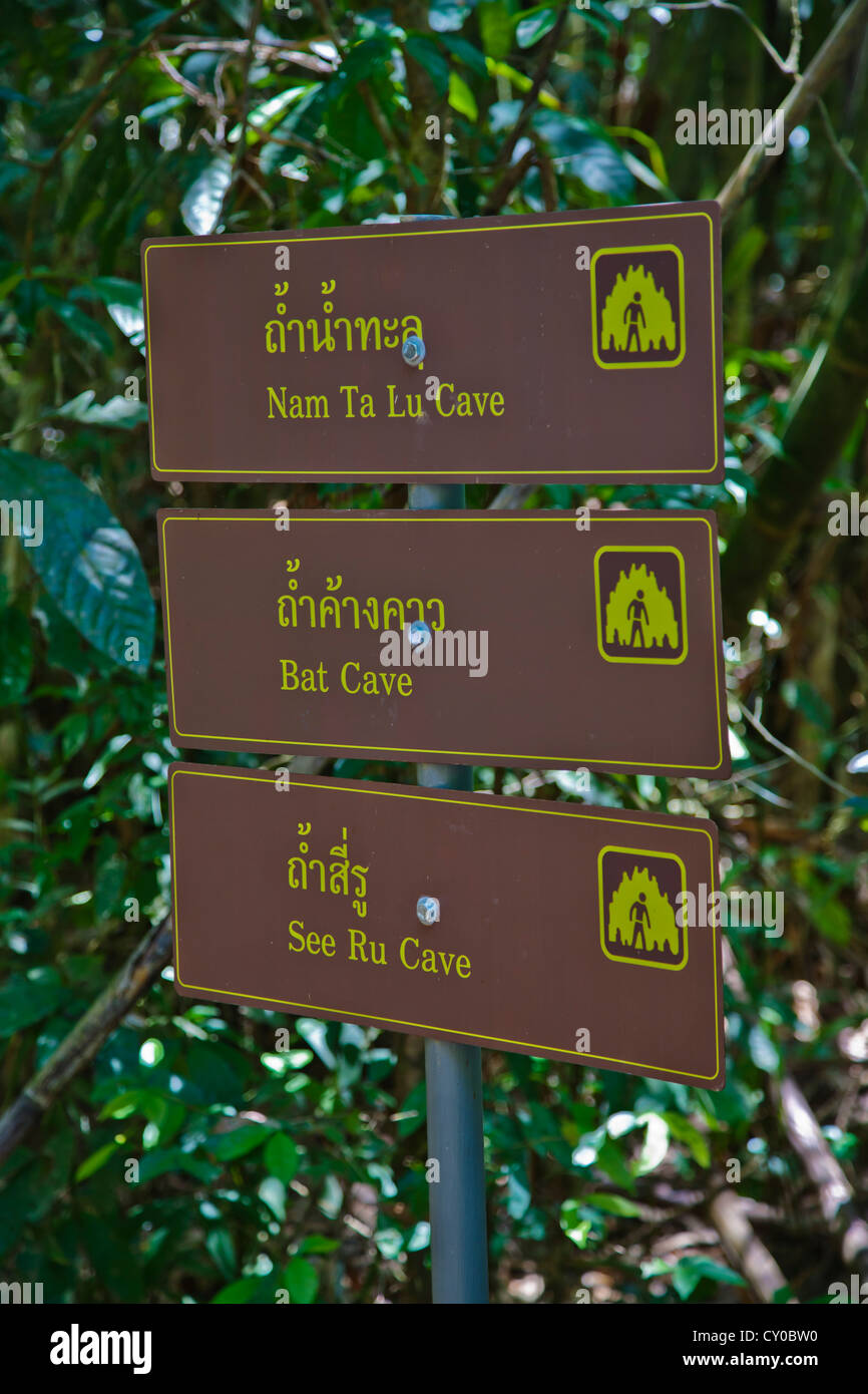 A sign to the various caves in the RAINFOREST of KHAO SOK NATIONAL PARK - SURATHANI PROVENCE, THAILAND Stock Photo