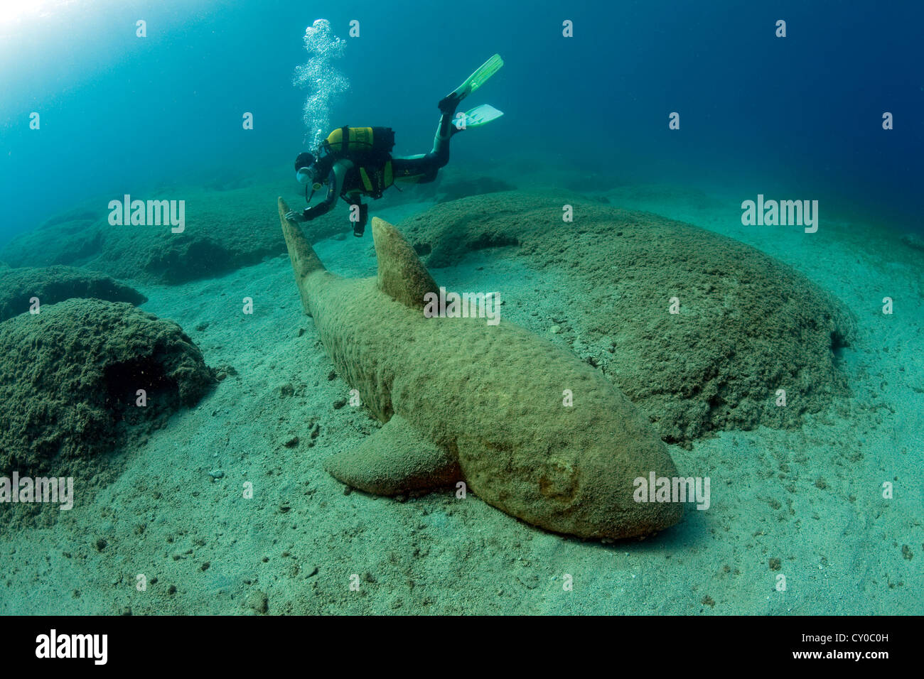 Underwater art, marble shark, sculpture by Kemal Tufan from 2000 Stock
