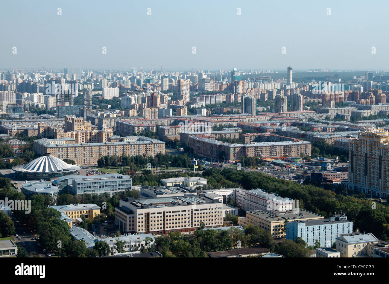 Moscow, Russia Skyline of modern Moscow, Russia. Photo taken from the Main Building of Moscow State University. Photo Aug 2012. Stock Photo