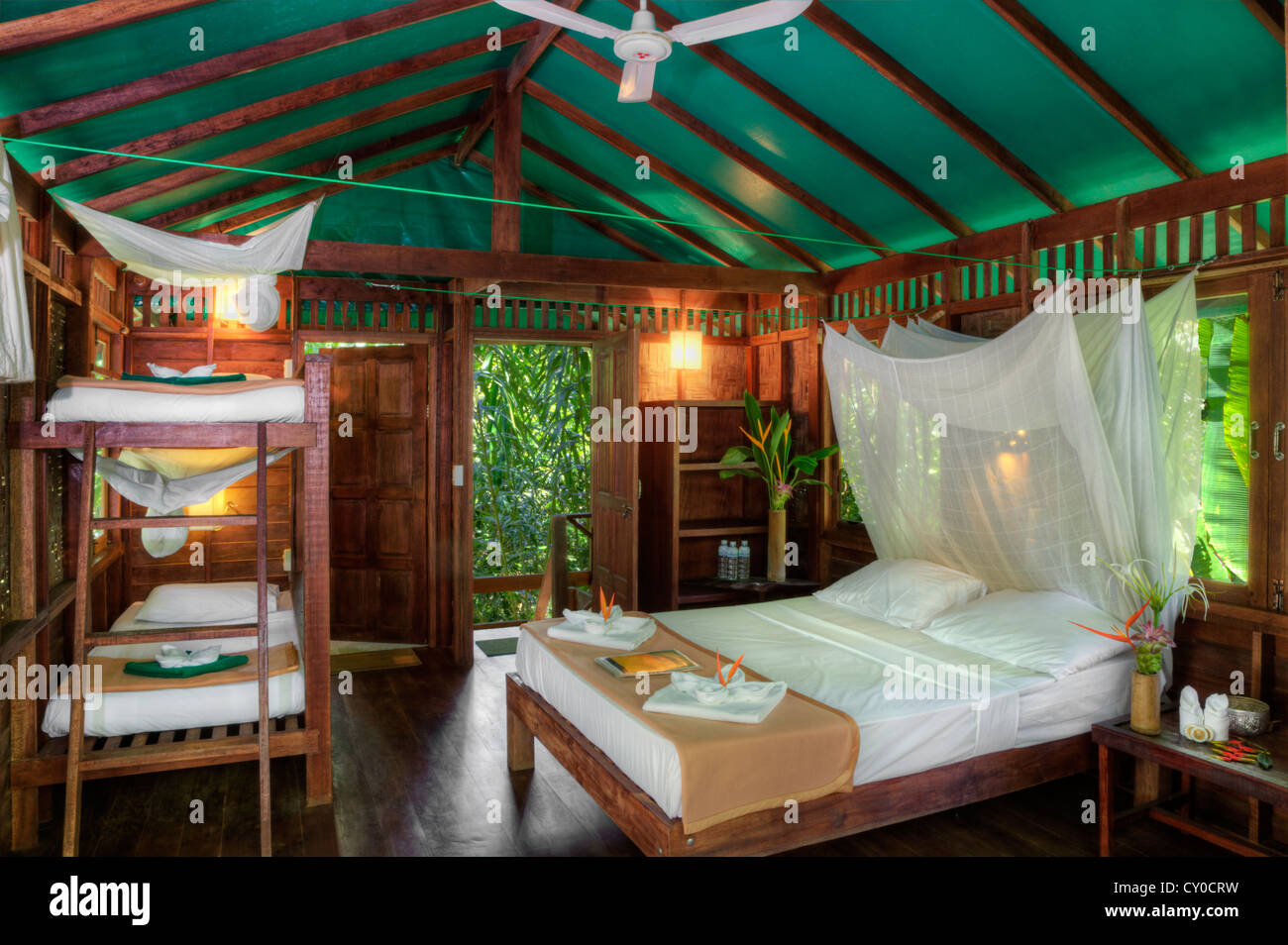 A TREE HOUSE interior at OUR JUNGLE HOUSE a lodge in the rainforest near KHAO SOK NATIONAL PARK - SURATHANI PROVENCE, THAILAND Stock Photo