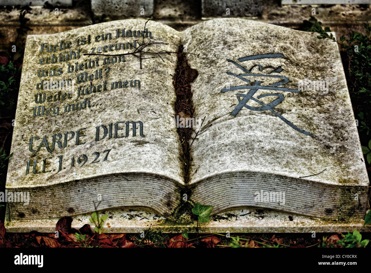 Stone book inscribed with carpe diem at the Historical Cemetery in Weimar, Thuringia Stock Photo