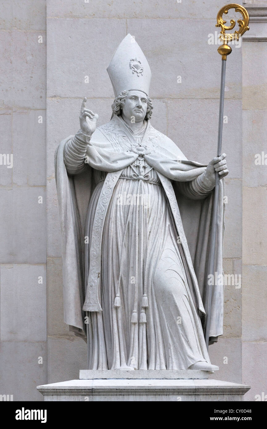 Monumental sculpture of St. Virgil, church patron, outside Salzburg Cathedral, created in 1660 by Bartholomaeus van Opstal Stock Photo
