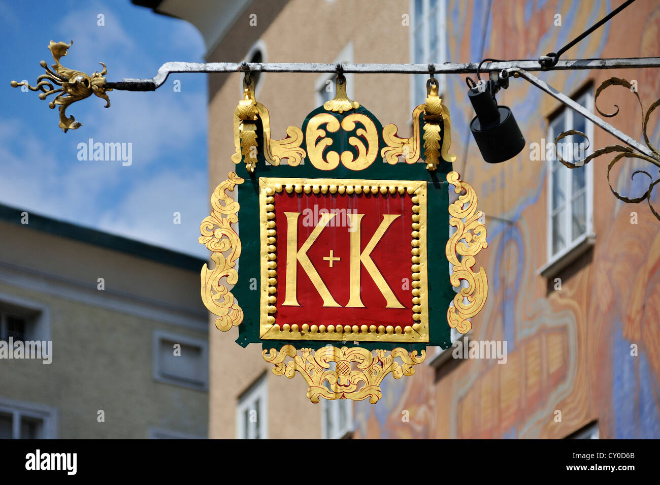 Restaurant sign, K + K, Waagplatz square, Salzburg, Austria, Europe Stock Photo