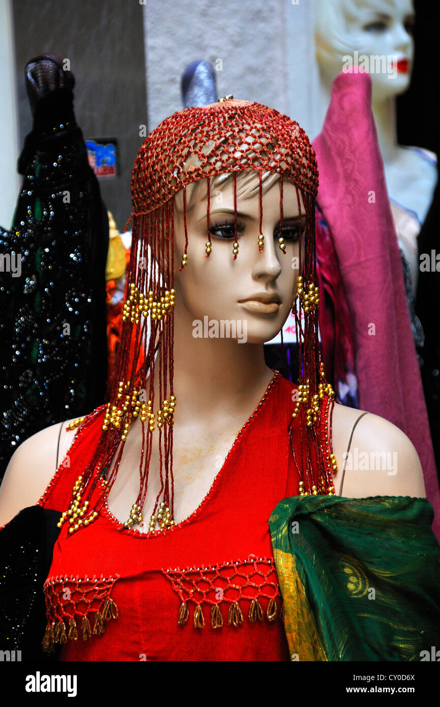 Female mannequin wearing a pearl hair net in front of a clothing store, Judengasse, Jewish Lane, Salzburg, Salzburg Province Stock Photo