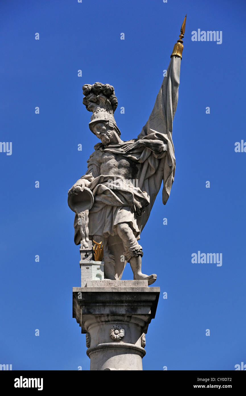 Statue of St. Florian on the Florianibrunnen fountain, created in 1734 by Josef Anton Pfaffinger, Alter Markt square, Salzburg Stock Photo