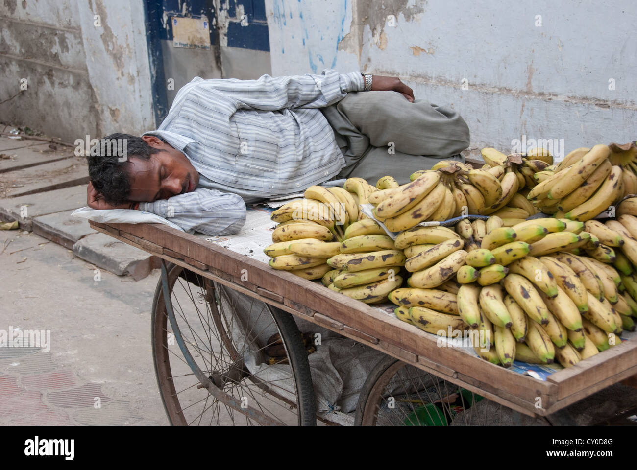 Sleeping street vendor on the streets of New Delhi, India. Stock Photo