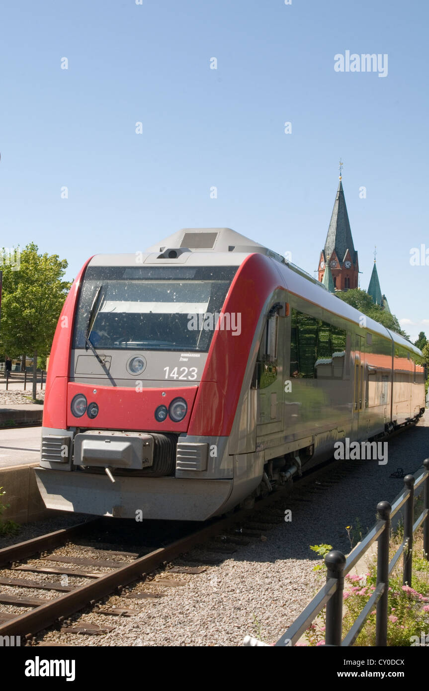 commuter train trains at station stations in vastervik sweden swedish rail railways Stock Photo