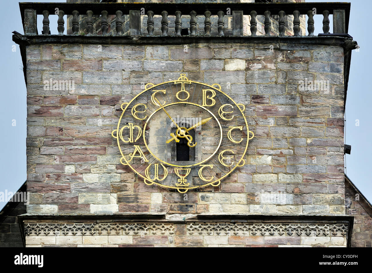Clock on the tower of the Petrikirche church with the words 'wachet, betet', German for 'watch and pray' instead of the digits Stock Photo