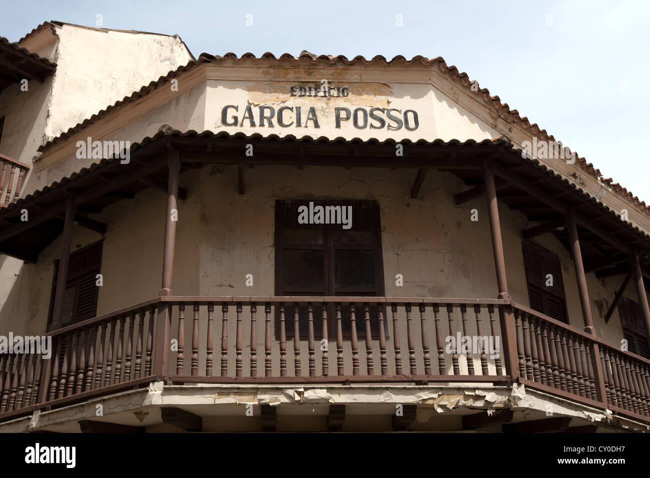 Garcia Posso building corner, Calle del Coliseo, Barrio San Diego, old walled city, Ciudad Amurallada, Cartagena de Indias, Colombia Stock Photo