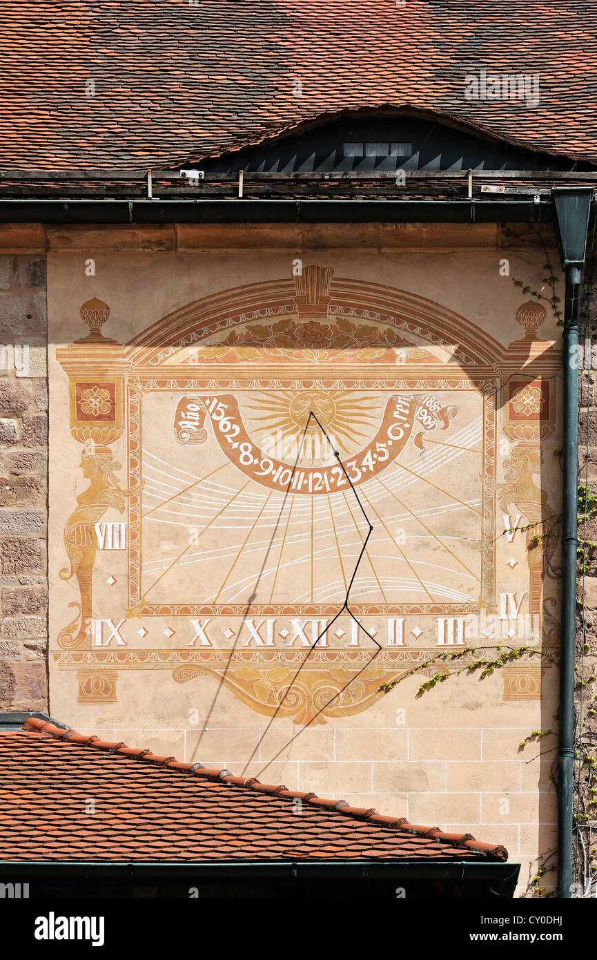 Sundial in 'Schoener Hof', beautiful courtyard, built 1564-1569, Plassenburg Castle, Kulmbach, Upper Franconia, Bavaria Stock Photo