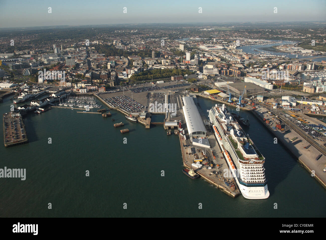 Celebrity Eclipse in the port of Southampton. Aerial photos. Stock Photo