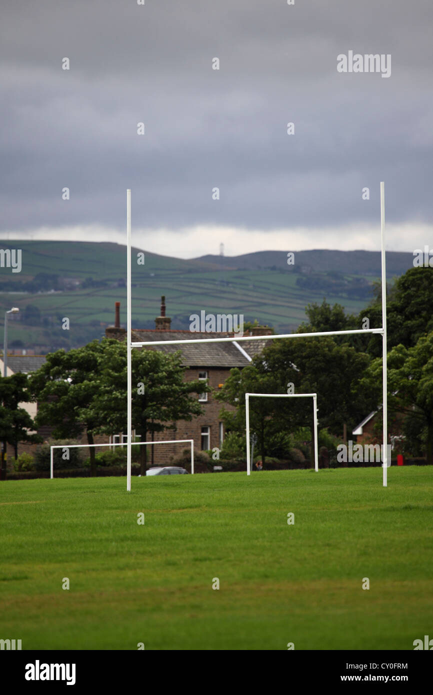 Rugby and football goalposts on Savile Park in Halifax, West Yorkshire, England. Stock Photo
