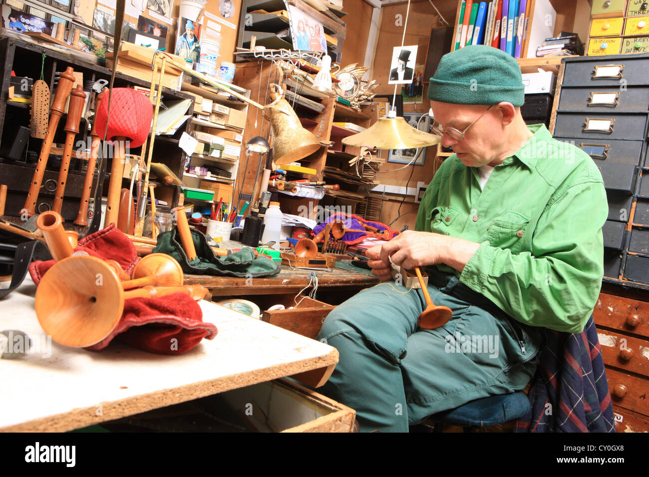 Julian Goodacre Bagpipe maker in Peeples Scotland, working on a set ...